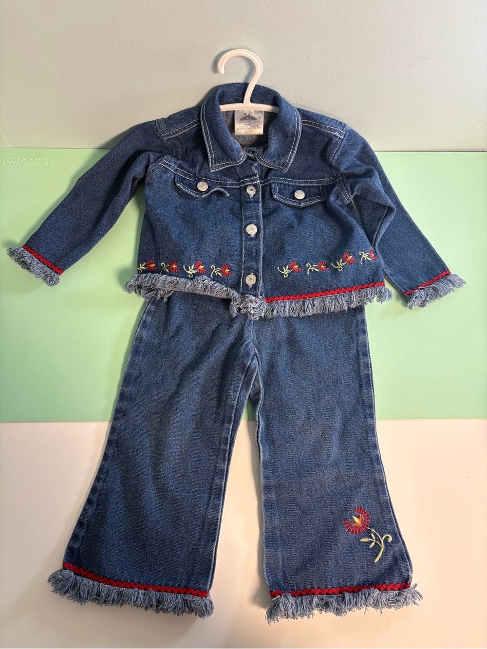 Vintage ICZ Flower Jean Jacket & Jean Pants Set, Girl Size 24 Months, Jean Set